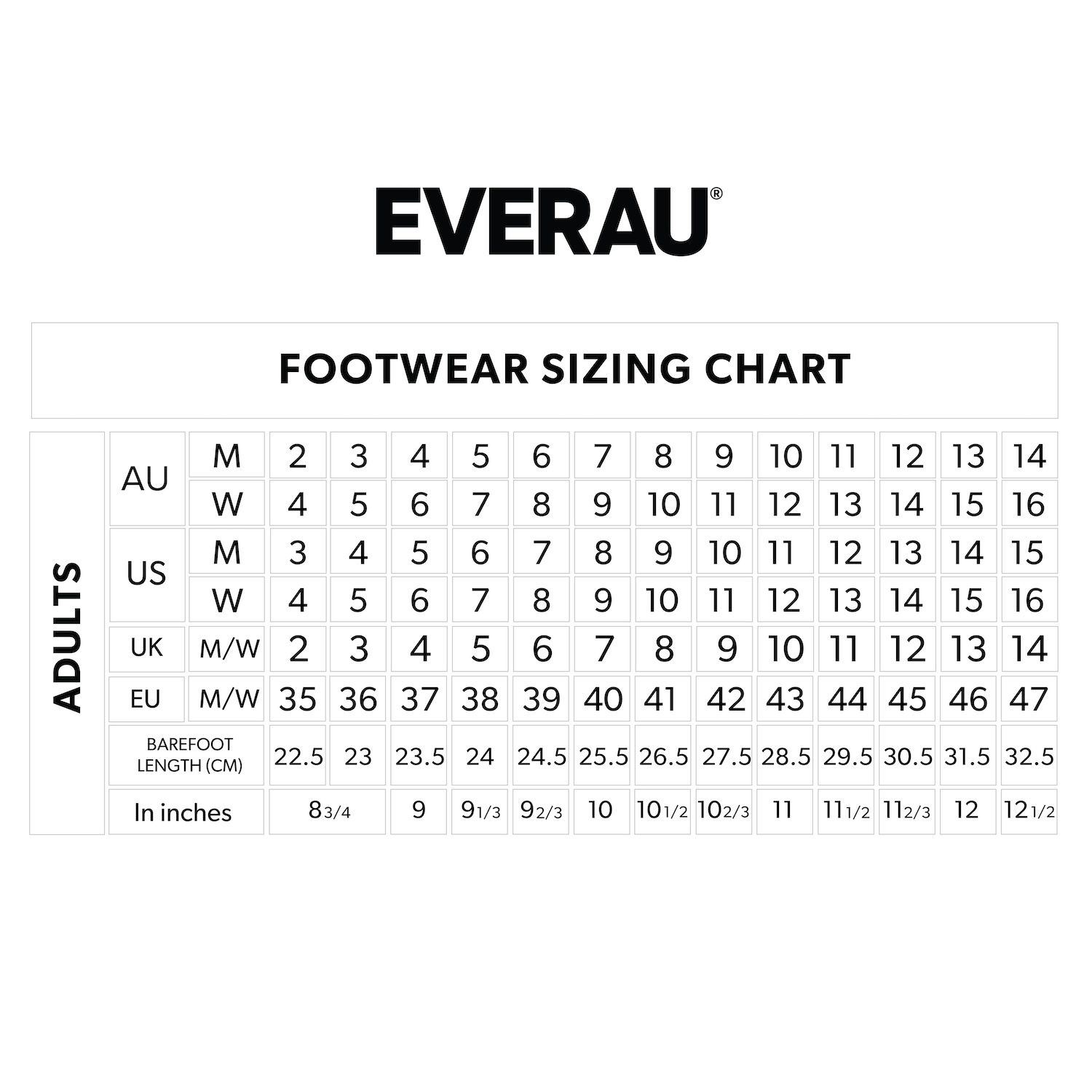 Everau Size Chart